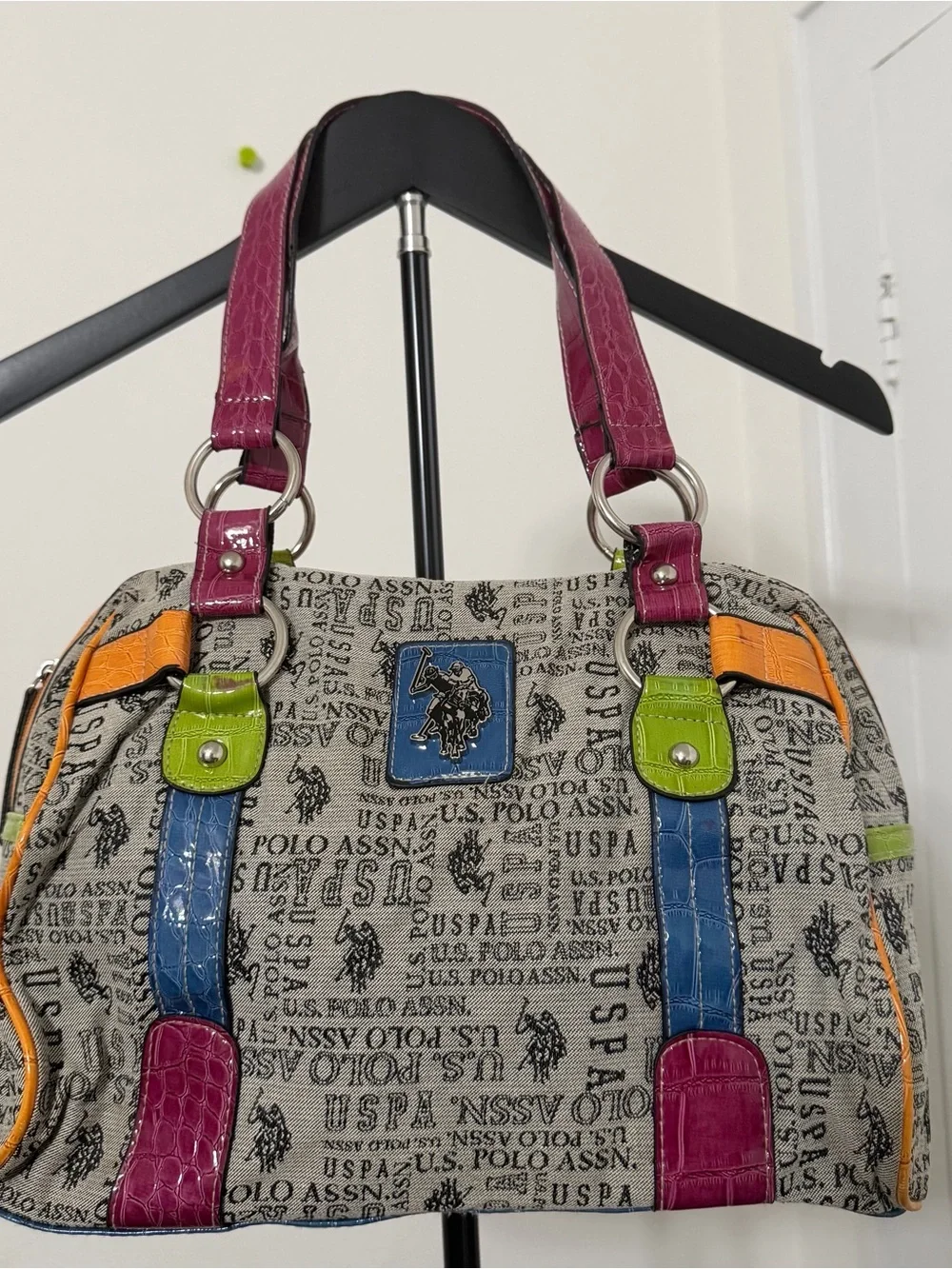 U.S. Polo Assn. Multicolor Logo Satchel with Pink, Blue, Green and Orange Trim